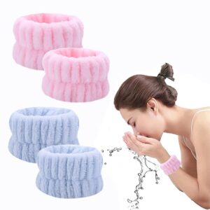 2 Pairs Face Washing Wristband, Coral Velvet Wristband, Absorbent Wrist Band Wrist Sweatband for Girls Prevent Water from Spilling Down Your Arms (Pink and Blue)