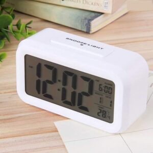 Digital Alarm Clock,Battery Operated Small Desk Clocks,with Date,Indoor Temperature,Smart Night Light,LCD Electronic Clock for Bedroom Home Office - White (KDwhite)